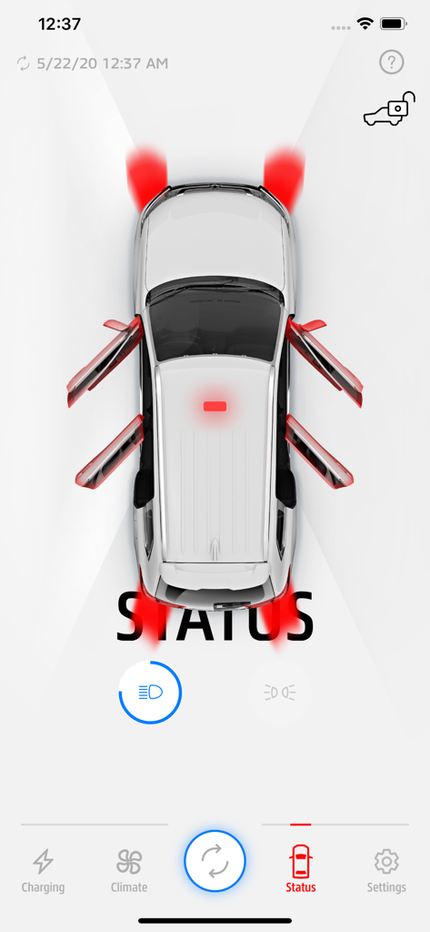 Top down view of a Mitsubishi Outlander PHEV in the remote control app showing car status with open doors and active lights
