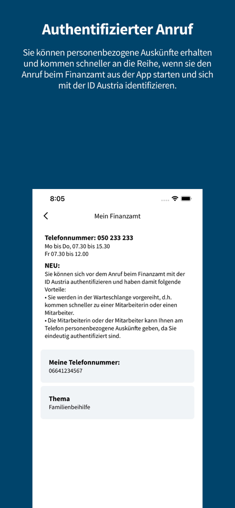 A screen from the FinanzOnline plus app explaining how to use authenticated calls with ID Austria to contact the tax office for faster service and personal information.