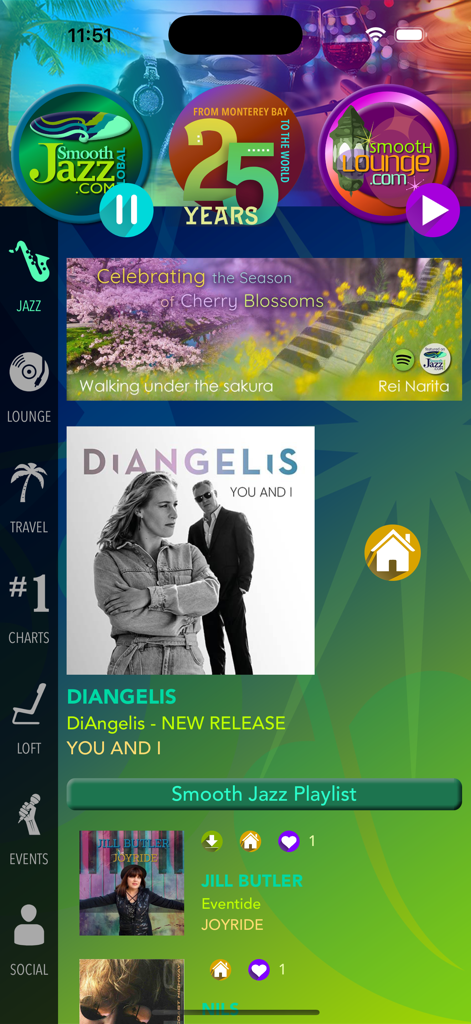 Smooth Global - Mobile interface for Smooth Global app featuring smooth jazz radio stations and playlists