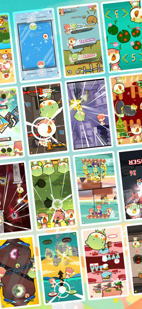 Duel Otters - A collage of screenshots from the Duel Otters mobile game showing various two-player mini-games and cute character art.