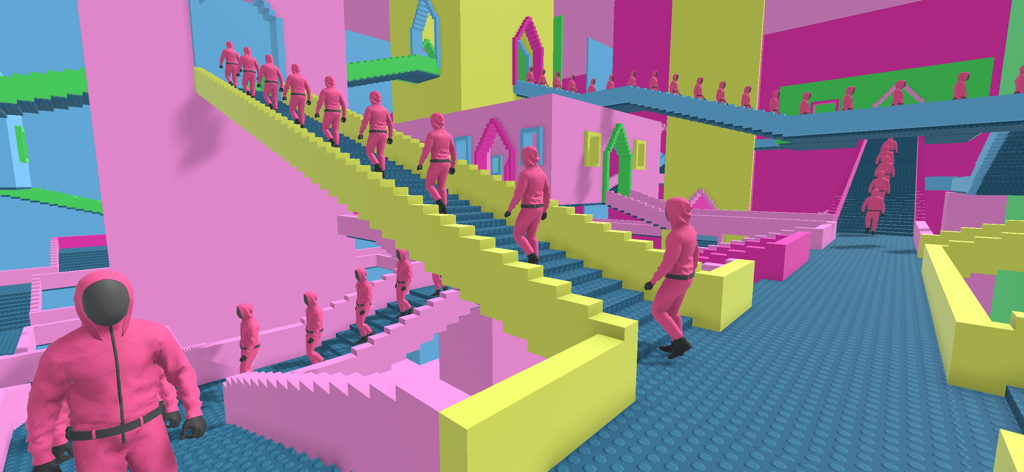 Um labirinto surreal e quadrado com personagens cor-de-rosa em várias escadarias.