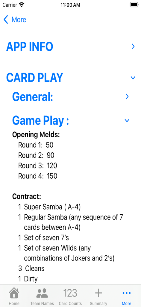 Super Samba Scoring - Pantalla de información que muestra las reglas del juego de cartas Samba y los puntos de meld iniciales