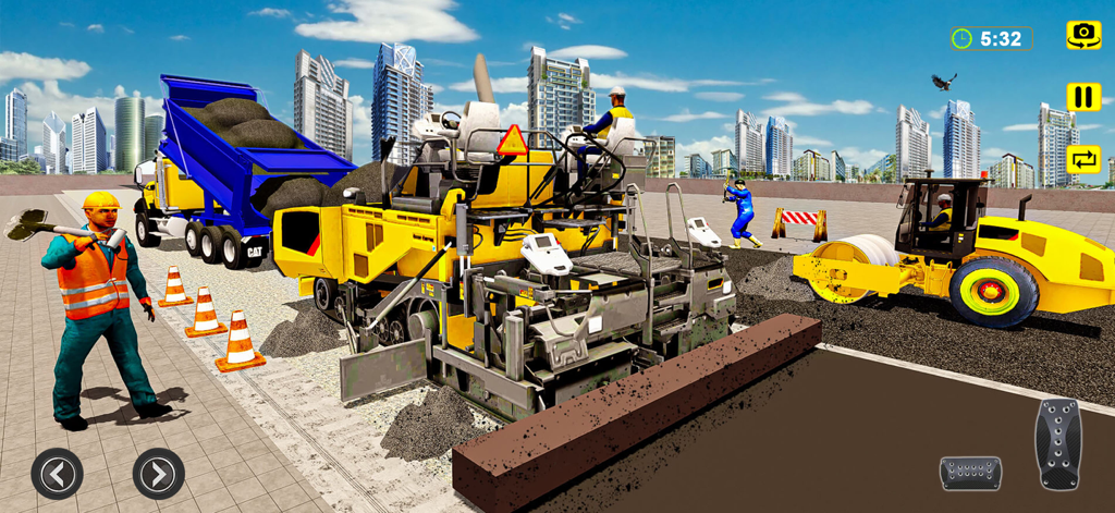 Gameplay screenshot of heavy machines and workers building a city road