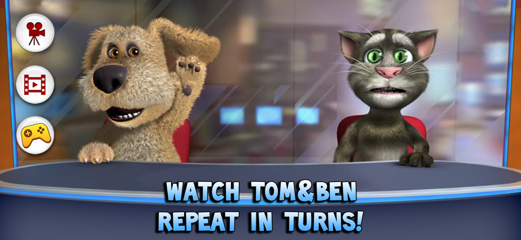 Talking Tom and Ben sitting at a news desk in a TV studio