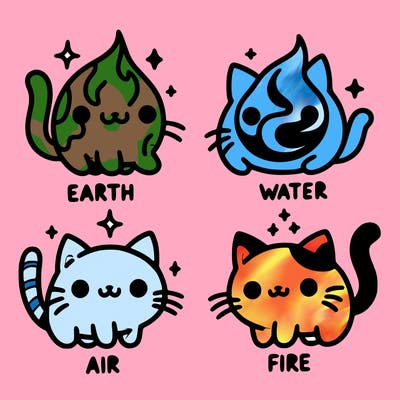 4 cats that represent the different elements, earth, water, air, and fire