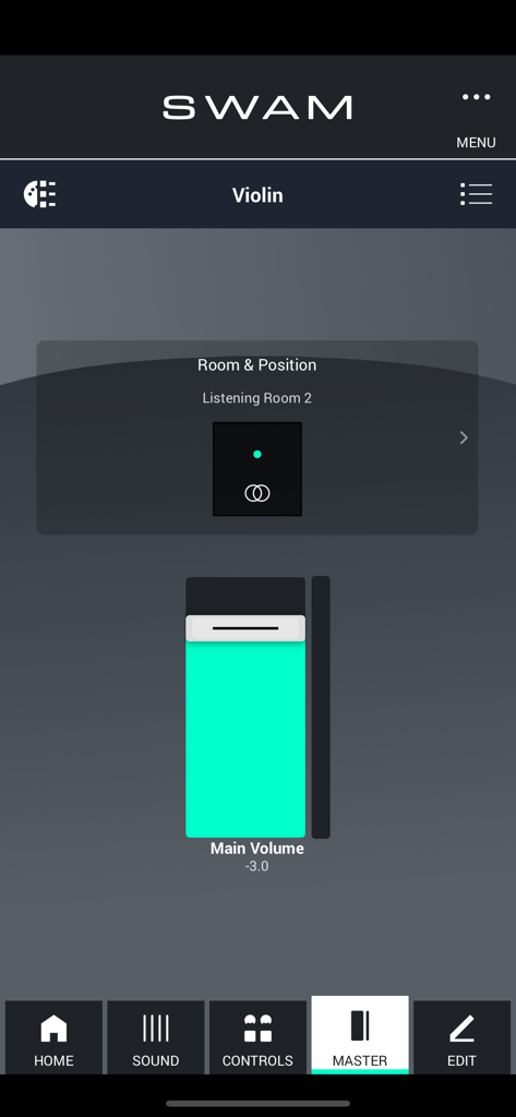 SWAM Violin app master view showing room and position settings with main volume control