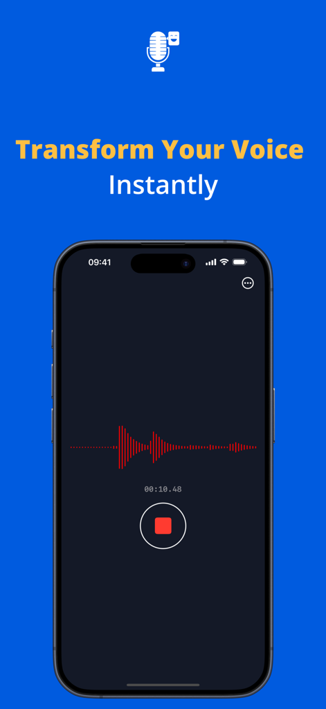 Una pantalla de smartphone que muestra una grabación de voz con una onda de audio roja y el texto Transforma tu Voz al Instante