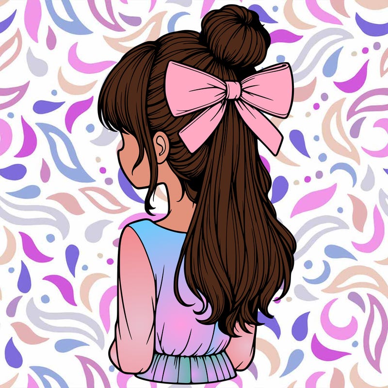 realistic girl  with hip length hair a bun and a big bow on the back of head