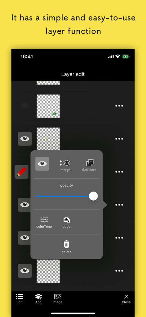 Pixelable - Pixel Art Editor - Pixelable mobile app interface showing simple layer editing functions like opacity and duplicating