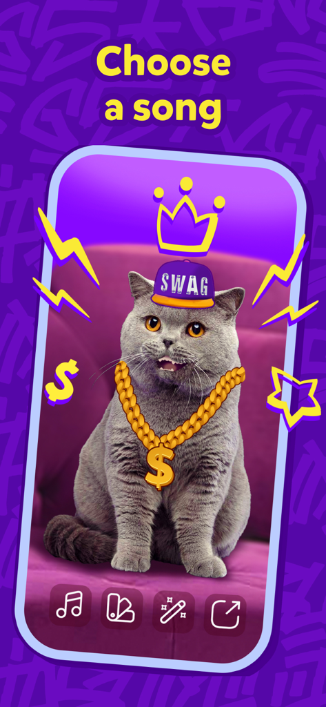 Talking Pet: Dog & Cat Talk - Un gato gris con un sombrero SWAG y una cadena de oro en una interfaz de aplicación móvil con el texto Elige una canción.