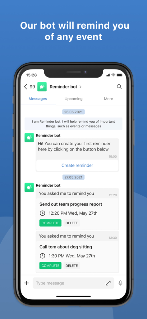 Lenza - Interface of the Lenza messenger app showing the Reminder bot feature with task notifications