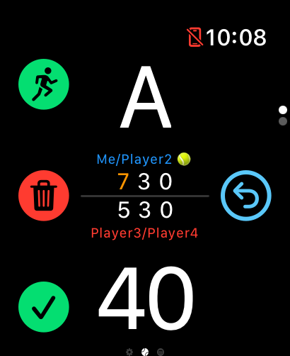 Aplicación iWatch Padel en Apple Watch mostrando el marcador del partido y el estado del seguimiento de fitness