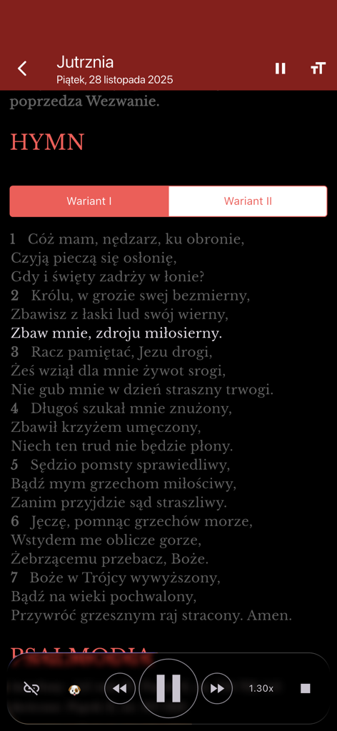 Brewiarz app showing Jutrznia morning prayer text and audio playback controls
