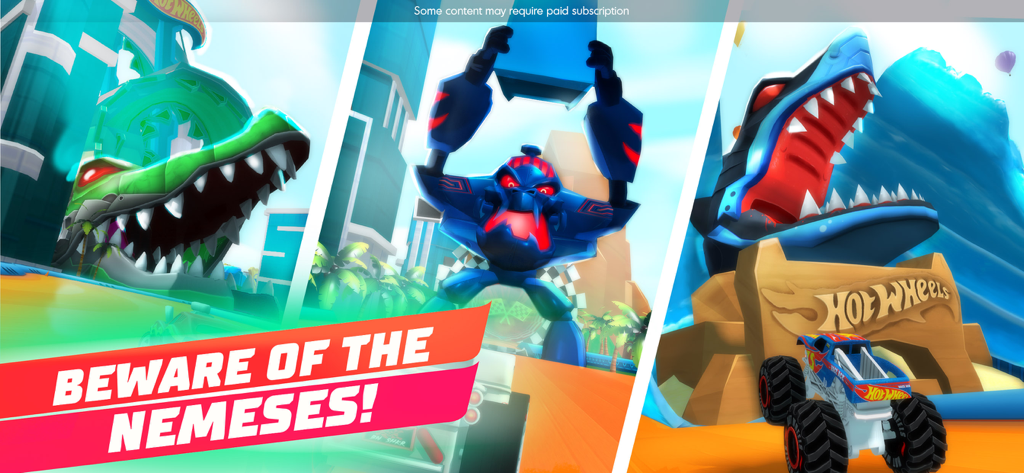 Hot Wheels Unlimited game featuring monster nemeses including a shark and a gorilla