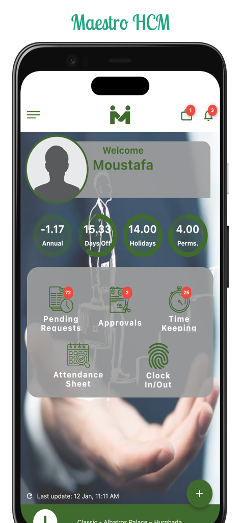 MAESTRO HCM - Maestro HCM mobile app dashboard showing employee statistics and HR workflow icons