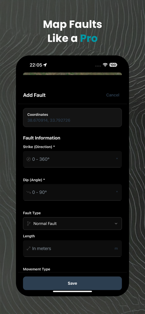 GeoKit: Geology Toolkit - GeoKit mobile app interface for logging geological fault data with fields for strike and dip measurements