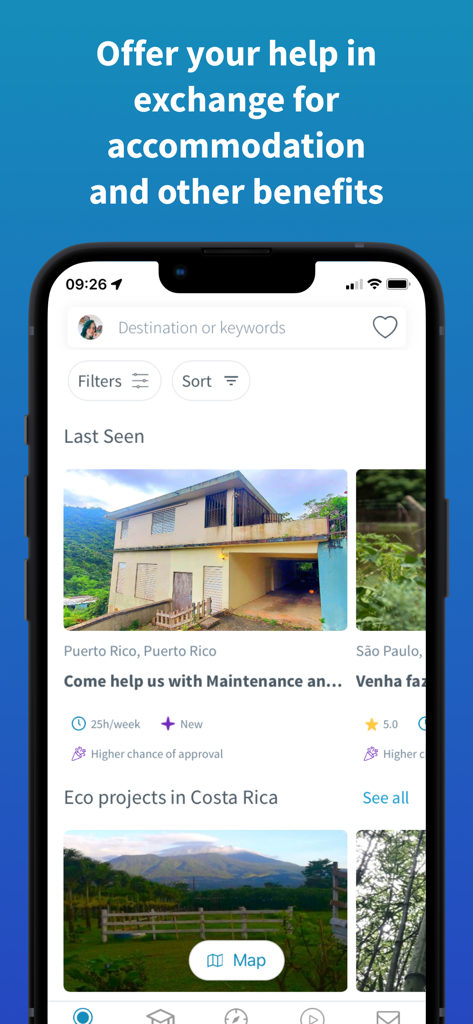 Worldpackers app interface displaying volunteer opportunities in Puerto Rico and Costa Rica in exchange for accommodation