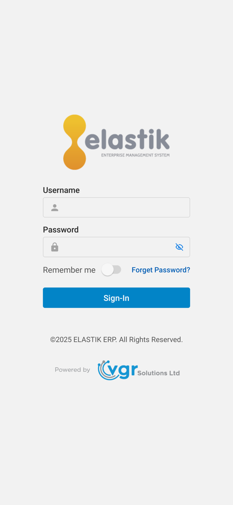 Pagina di accesso dell'app mobile Elastik ERP con campi per nome utente e password