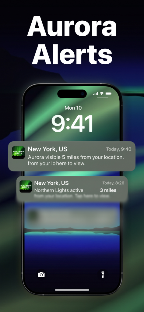 Aurora Forecast - Alerts - 뉴욕의 실시간 오로라 가시 알림을 표시하는 iPhone 잠금 화면