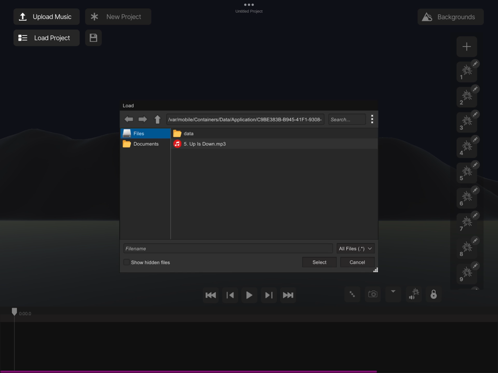 A music file selection window within the Pyro Simulator app