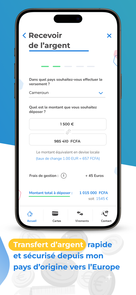 Studely app interface showing currency conversion for an international money transfer from Cameroon to Europe