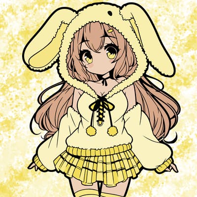 pretty anime girl wearing a fluffy hoodie with bunny ears on the hood and a skirt