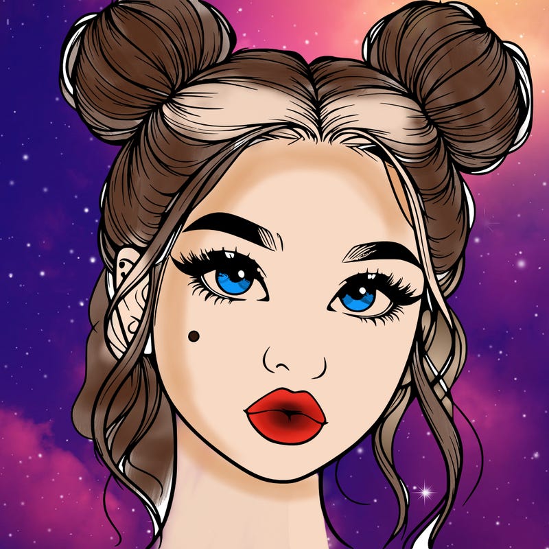 realistic girl with two buns on her hair and lips