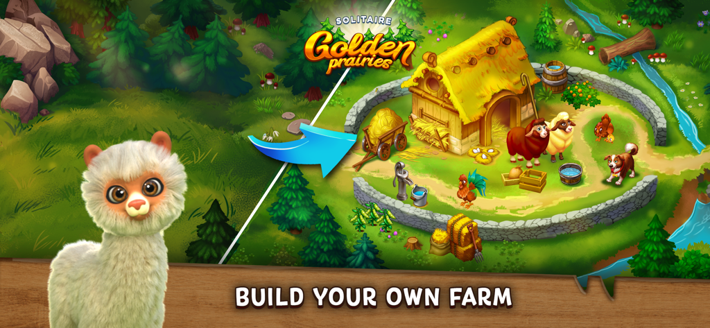 A vibrant farm scene from Solitaire Golden Prairies featuring a cottage animals and a cute alpaca in the foreground