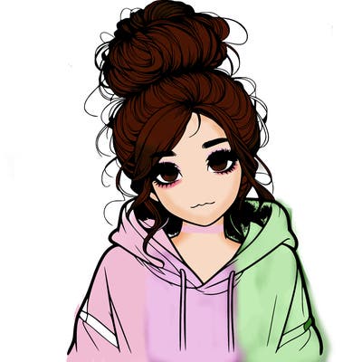 realistic girl with a massy bun and a hoodie