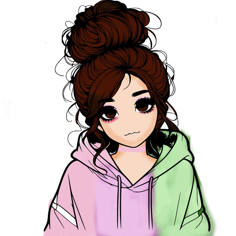 realistic girl with a massy bun and a hoodie