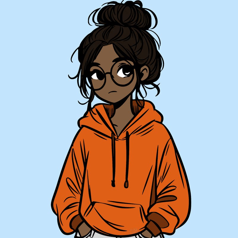teen girl with a messy bun and glasses wearing a loose hoodie and jeans
