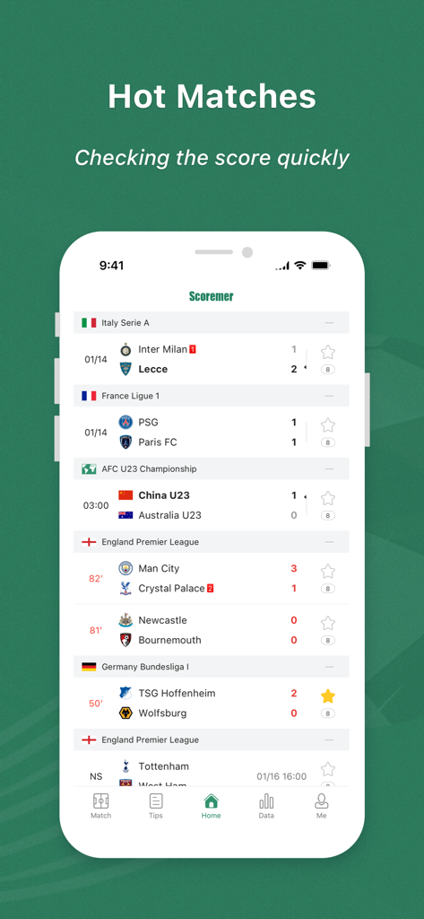 Scoremer app interface showing real-time soccer scores for international matches.