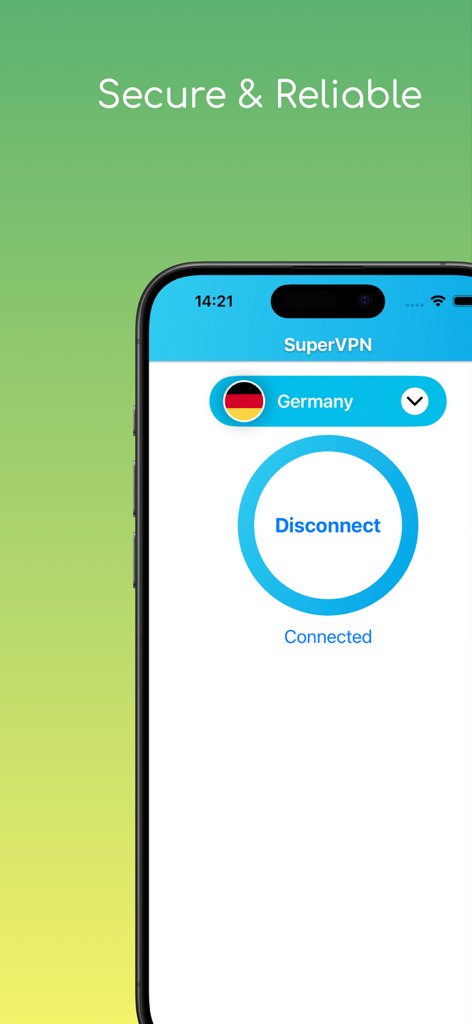 Interface do aplicativo SuperVPN exibindo status de conexão a um servidor da Alemanha com o título Seguro e Confiável