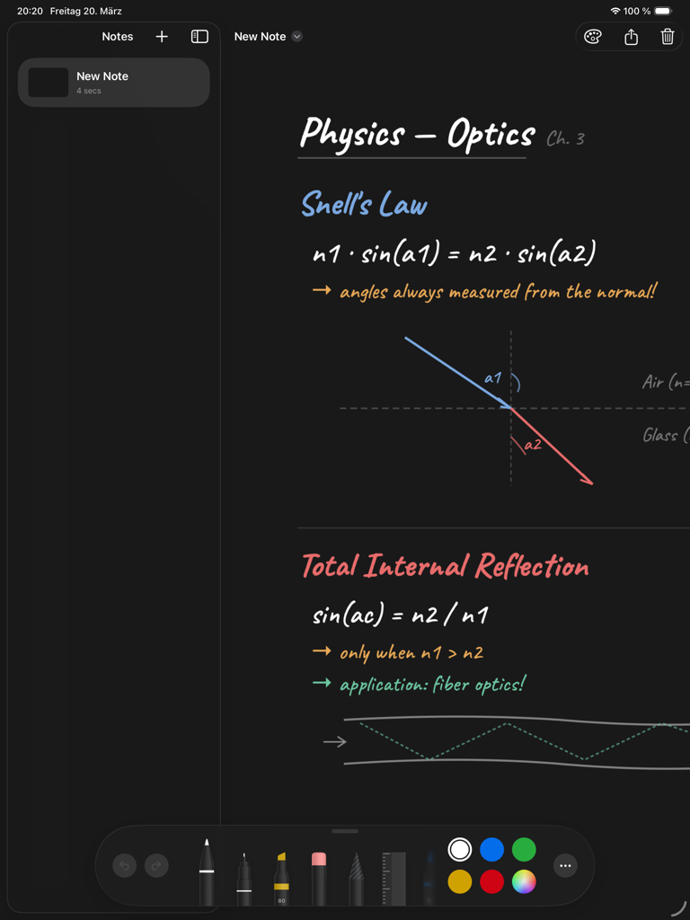 iPadのPencil for Notionを使用して、ダーク背景に手書きされた物理学のノートと図