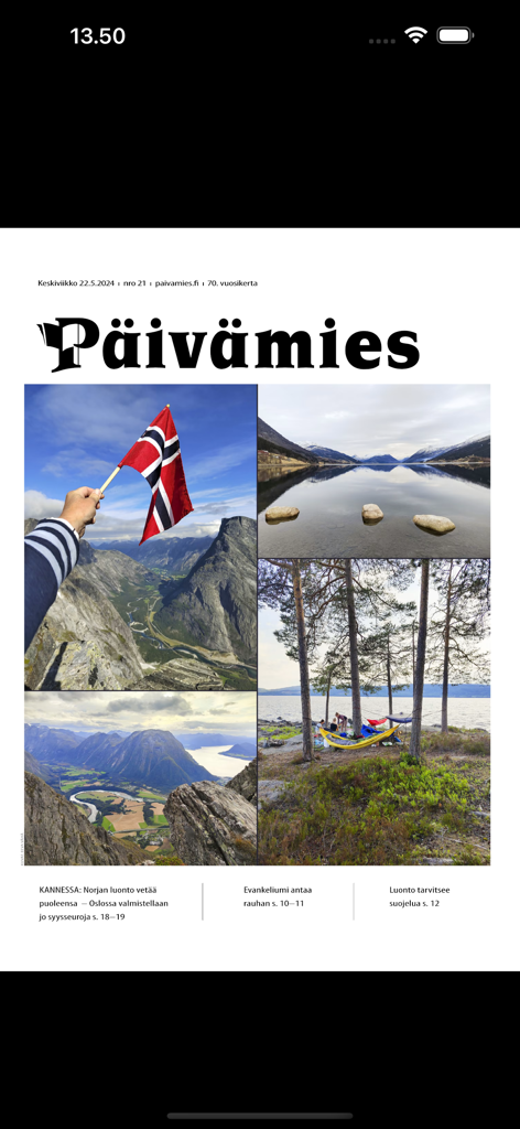 Päivämies - Página principal de la aplicación de periódico digital Paivamies que muestra fotos panorámicas y titulares en finlandés