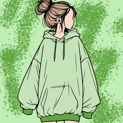 realistic girl with a oversized sweatshirt on and a bun