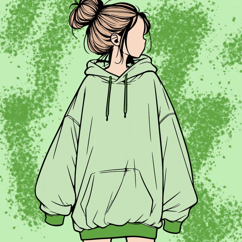 realistic girl with a oversized sweatshirt on and a bun