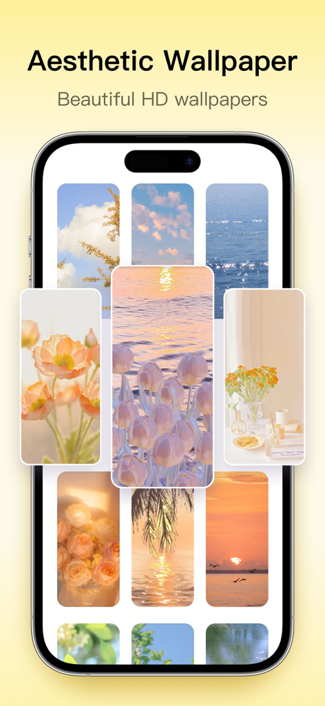 iPhone画面上の花柄、夕日、自然のテーマを特徴とする美的HD壁紙のギャラリー。