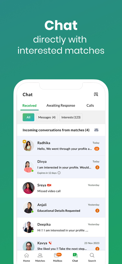 Der Chat-Bildschirm der Kerala Matrimony App, der eine Liste von Nachrichten und Partnerinteressen von verschiedenen Profilen zeigt.