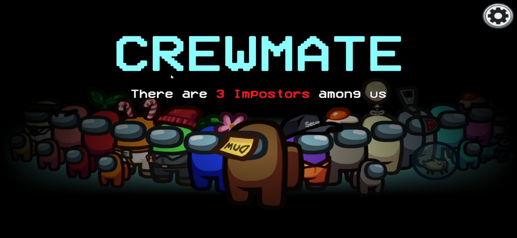 Among Us game intro screen displaying the Crewmate role and a group of customized players.