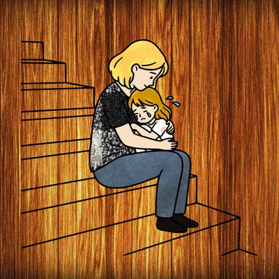a mother with short hair and her daughter with medium length hair sit together daughter crying on the stair mother conferring her