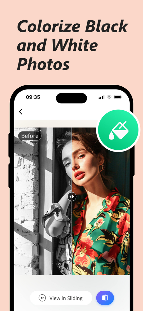 Picwand AI Photo Video Editor - Picwand AI tool for colorizing black and white photos with a split screen before and after view