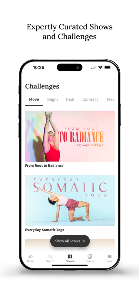 Yoga Anytime app interface showing expertly curated yoga shows and challenges