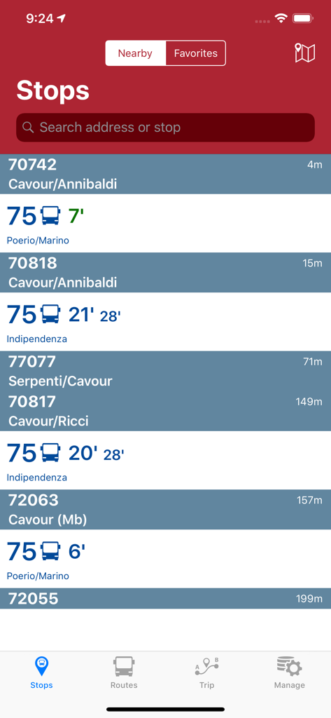 Interface of the Bus Roma app showing nearby bus stops and real-time arrival estimates.