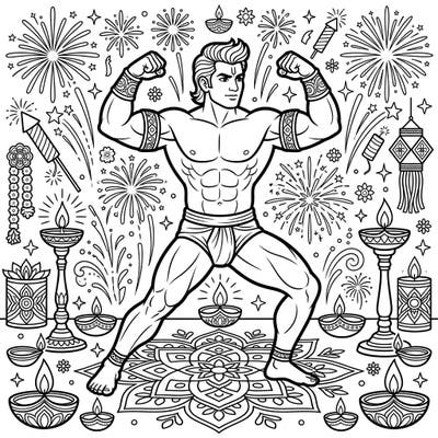 Celebrate the vibrant spirit of Diwali with this unique coloring page featuring a powerful wrestler amidst festive decorations. This engaging design offers a fun way to combine strength, tradition, and artistic expression for all ages.