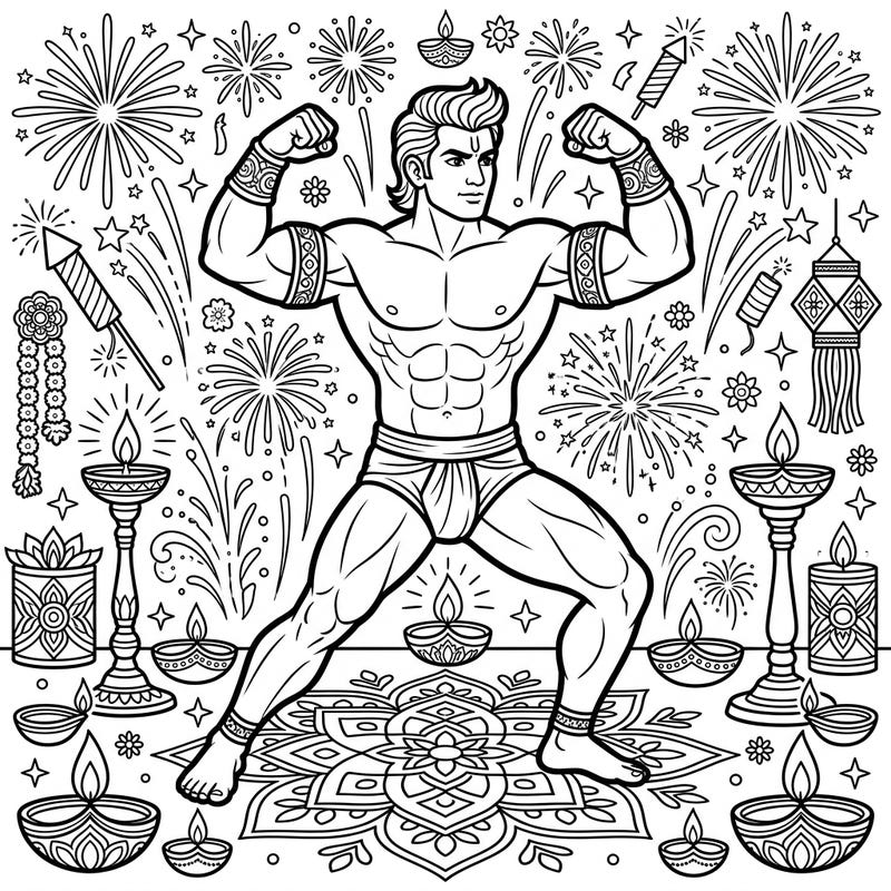 Celebrate the vibrant spirit of Diwali with this unique coloring page featuring a powerful wrestler amidst festive decorations. This engaging design offers a fun way to combine strength, tradition, and artistic expression for all ages.