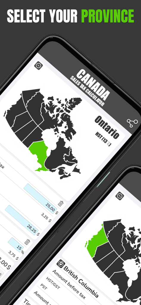 Canadian Sales Tax Calculation - Smartphone screen displaying an interactive map of Canada for selecting a province to calculate sales tax