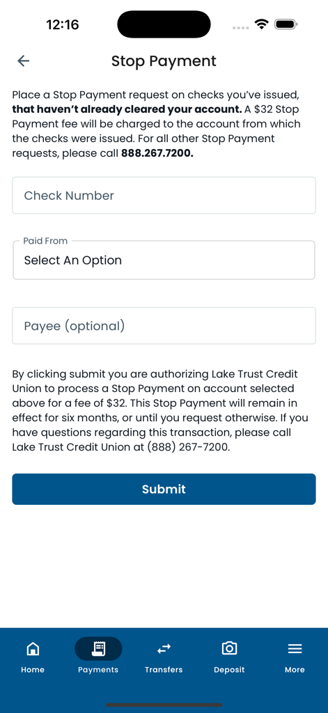 Lake Trust Mobile Banking - Formulario de solicitud de detención de pago en la aplicación de Banca Móvil de Lake Trust
