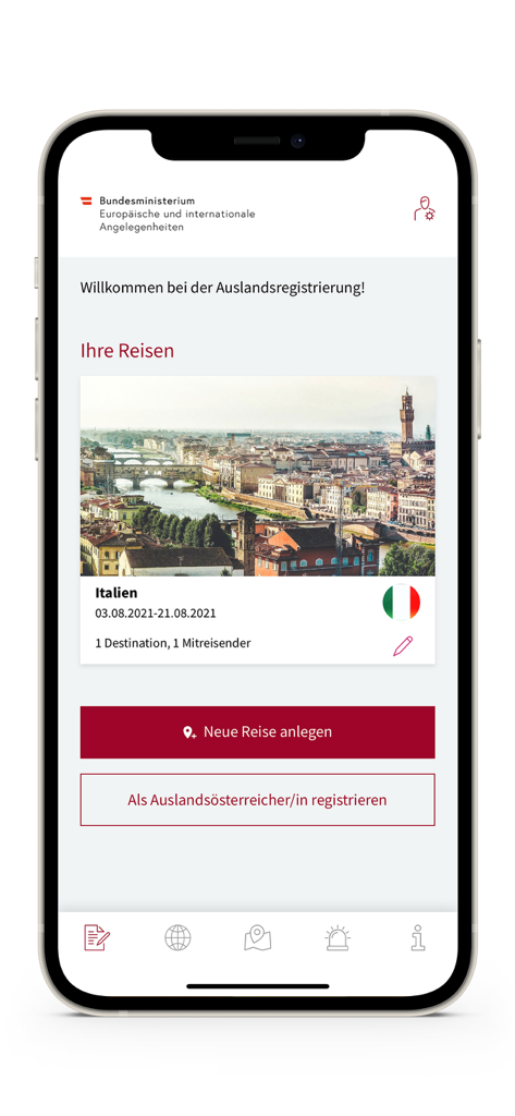 オーストリア国民の渡航登録を表示する海外サービスアプリのインターフェース。