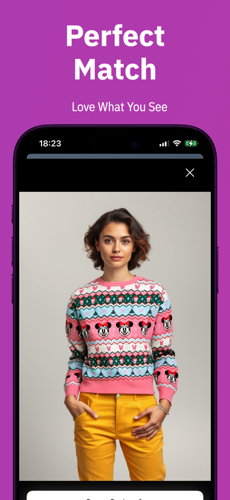 A digital preview of a woman wearing a colorful sweater and yellow pants using TryFit AI technology